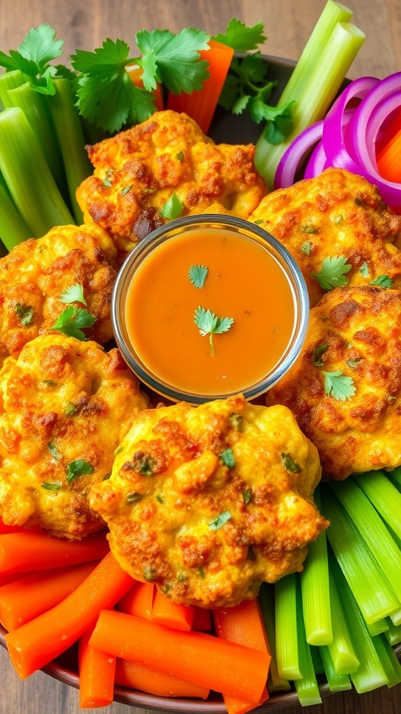 Crispy vegetable fritters on a plate with dipping sauce and fresh herbs.